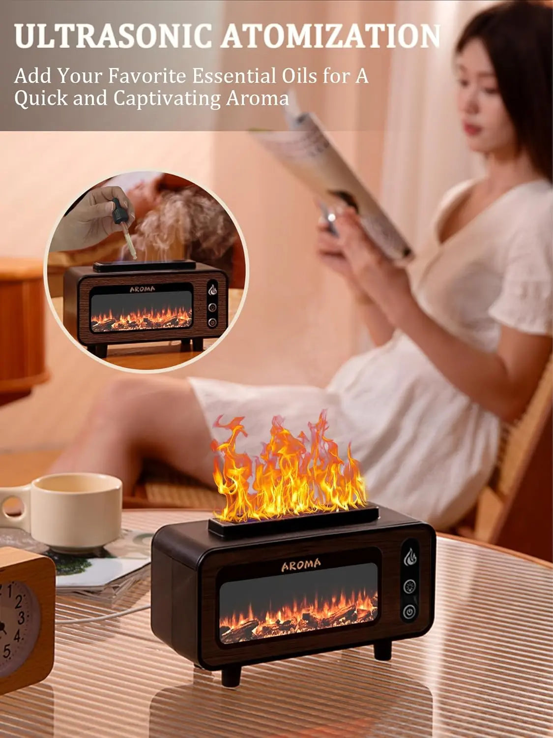 Wood Grain Fireplace Diffuser | Simulated Flame Aroma Diffuser with 7-Color LED | Silent Humidifier with Auto Shut-Off for Bedroom & Living Room Nawazia