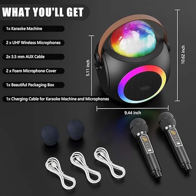 Karaoke Machine – Bluetooth Speaker, UHF Wireless Mics & Disco Ball Lights for Ultimate Party Fun Nawazia