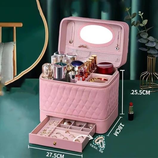 Leather Triple Makeup Case – Luxurious Multi-Layer Cosmetics Storage with Drawer, Portable Beauty Organizer for Travel and Home Use Nawazia